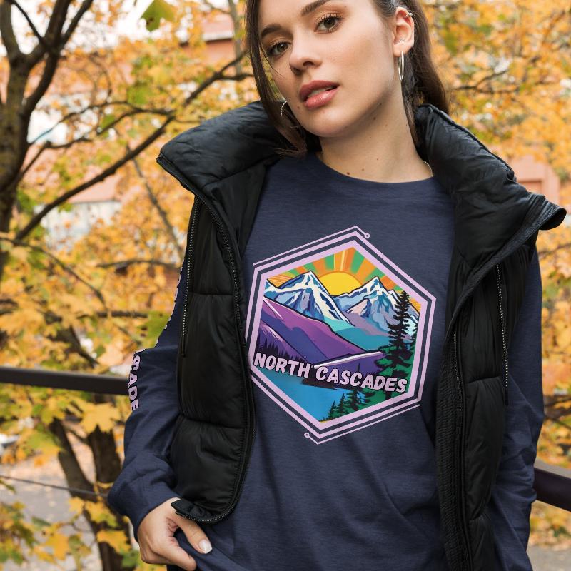 North Cascades Long Sleeve Shirt featuring a vibrant design of mountain peaks and serene landscapes, highlighting the beauty of North Cascades National Park.