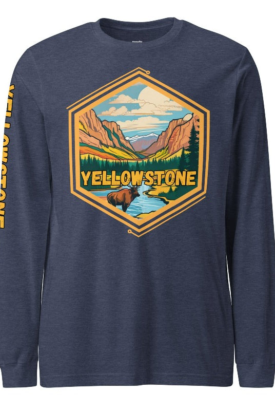 Yellowstone National Park Unisex long-sleeve shirt, with image on right arm and front on a heather navy shirt.