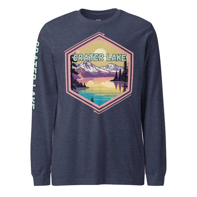 A colorful illustration of Crater Lake National Park with the text 'Crater Lake National Park' and 'Oregon 1902'. The right sleeve also has the text 'Crater Lake' on a navy shirt.