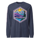 North Cascades Long Sleeve Shirt featuring a vibrant design of mountain peaks and serene landscapes, highlighting the beauty of North Cascades National Park.