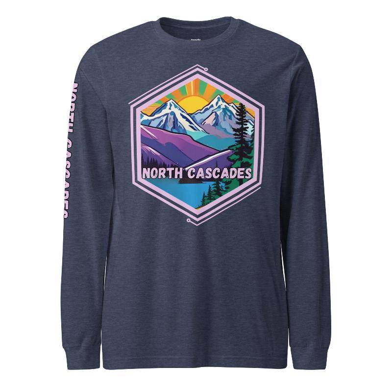 North Cascades Long Sleeve Shirt featuring a vibrant design of mountain peaks and serene landscapes, highlighting the beauty of North Cascades National Park.