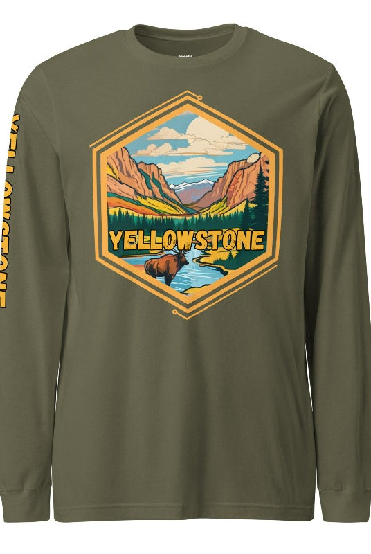 Yellowstone National Park Unisex long-sleeve shirt, with image on right arm and front on a military green shirt.