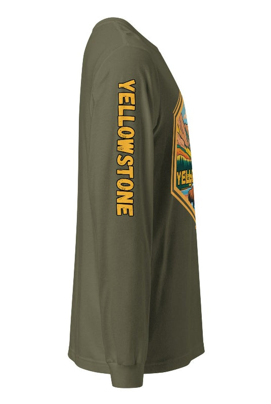 Yellowstone National Park Unisex long-sleeve shirt, with image on right arm and front on a military green shirt.