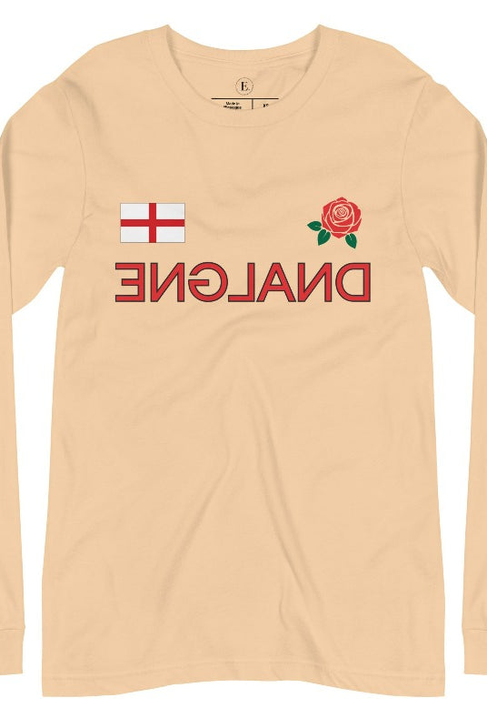Introducing our England Rugby Backwards Letter Graphic Long Sleeve Shirt - a unique and bold representation of your love for English rugby! This long sleeve shirt features the word "England" spelled with backwards letters, creating an eye-catching and distinctive design that is sure to turn heads on a sand colored shirt. 