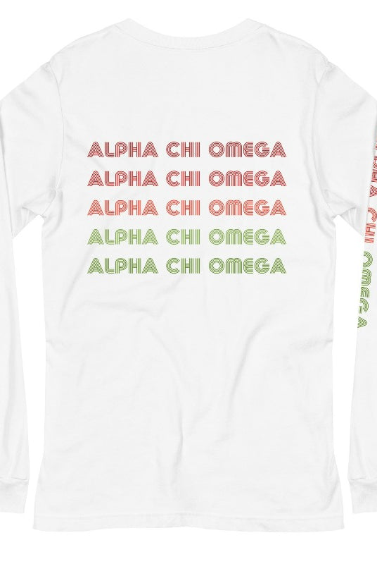 Long sleeve Bella Canva Alpha Chi Omega graphic tee with summer lettering - a stylish addition to your sorority shirts collection, perfect for showing off your Alpha Chi Omega pride White graphic tee back of shirt