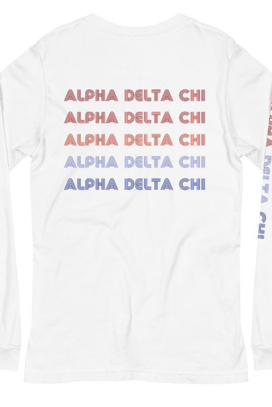 White long sleeve graphic tee featuring Alpha Delta Chi on the Back