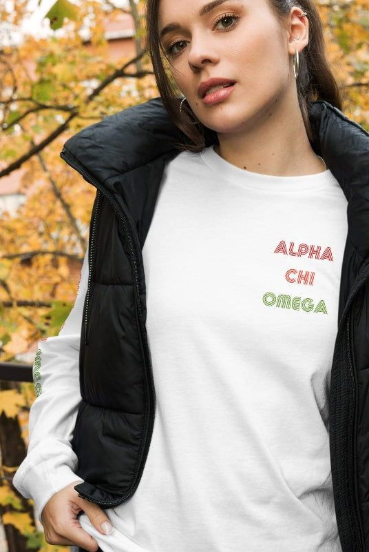 Long sleeve Bella Canva Alpha Chi Omega graphic tee with summer lettering - a stylish addition to your sorority shirts collection, perfect for showing off your Alpha Chi Omega pride White Graphic Tee