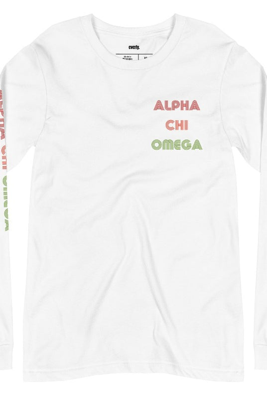 Long sleeve Bella Canva Alpha Chi Omega graphic tee with summer lettering - a stylish addition to your sorority shirts collection, perfect for showing off your Alpha Chi Omega pride White graphic tee