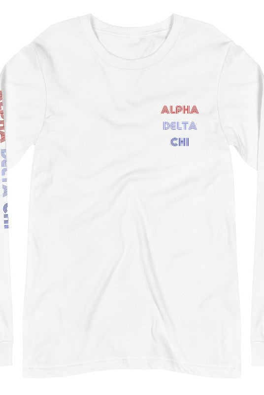 White long sleeve graphic tee featuring Alpha Delta Chi on the front