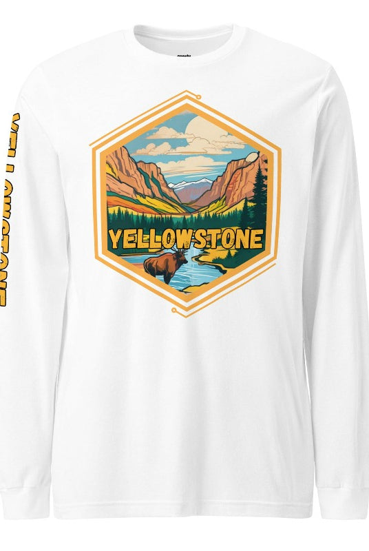 Yellowstone National Park Unisex long-sleeve shirt, with image on right arm and front on a white shirt.
