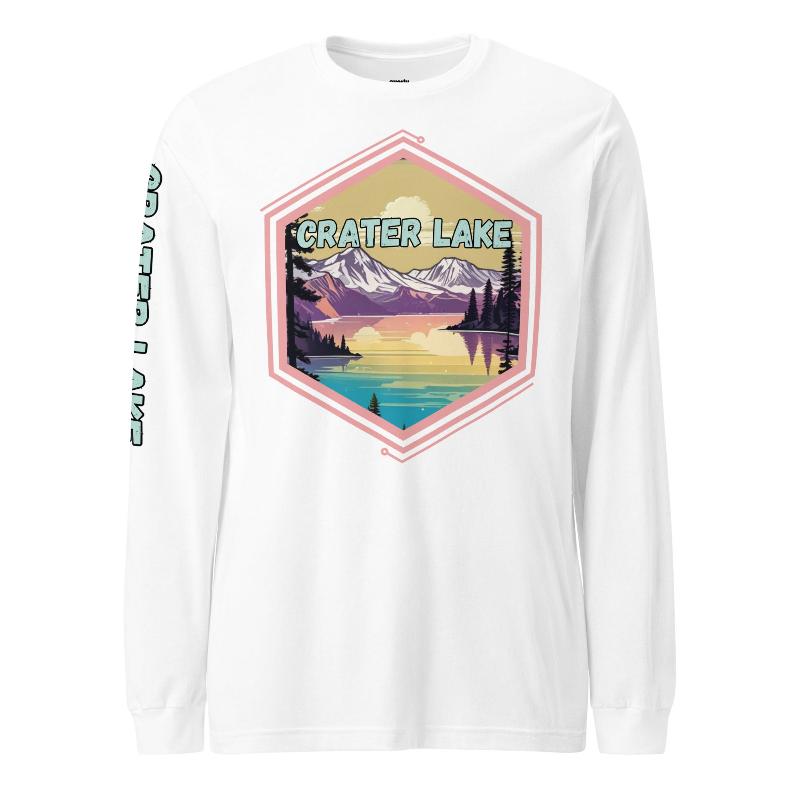 A colorful illustration of Crater Lake National Park with the text 'Crater Lake National Park' and 'Oregon 1902'. The right sleeve also has the text 'Crater Lake' on a white shirt.