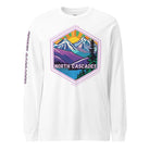 North Cascades Long Sleeve Shirt featuring a vibrant design of mountain peaks and serene landscapes, highlighting the beauty of North Cascades National Park.