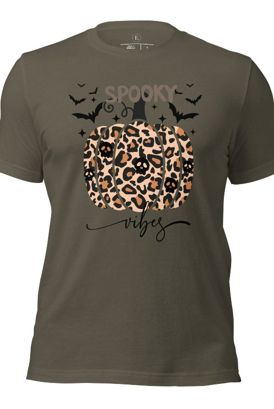 Get into Halloween spirit with our spooky vibes shirt featuring a unique cheetah print pumpkin adorned with skulls. As bats soar across the starry sky, embrace the eerie charm of this one-of-a-kind design on an army colored shirt. 