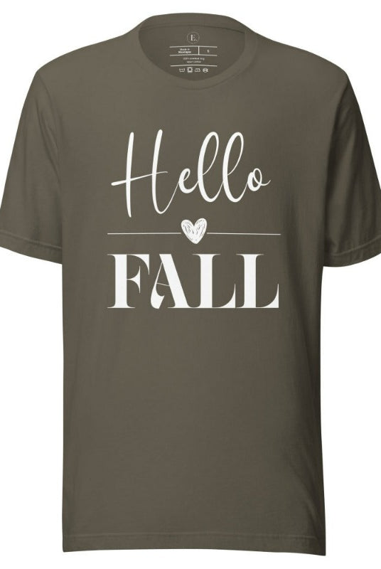 Hello Fall with heart between Hello and Fall graphic tee on a army colored shirt.