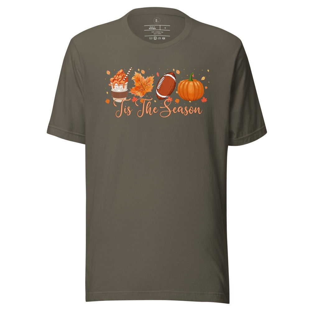 Tis the Season Fall Shirt! Fall Coffee, Fall Leaf, Football, Pumpkin on front chest of a army colored shirt