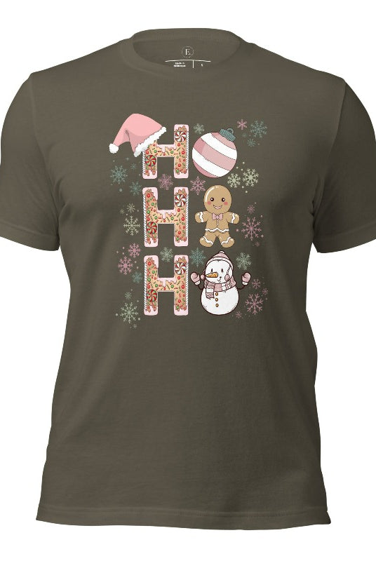Add a whimsical touch to your holiday wardrobe with our gingerbread "Ho Ho Ho" Christmas shirt on a army colored shirt.