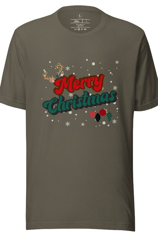 Get ready to take a trip down memory lane with our Merry Christmas retro letters shirt on an army colored shirt. 