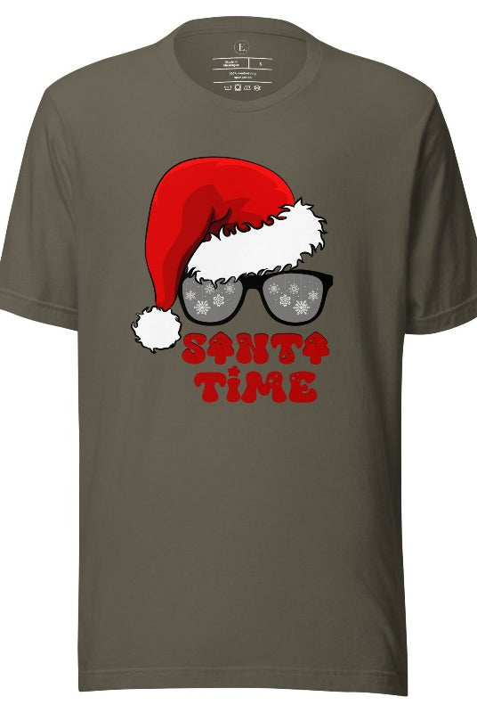 Gear up for the holiday season with our men's Christmas Shirt featuring a Santa hat, Christmas sunglasses on an army colored shirt. 