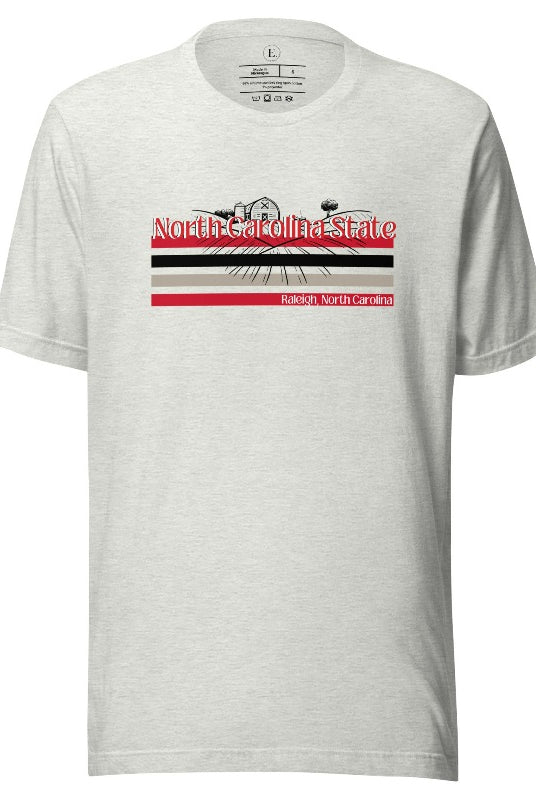 NC State retro-inspired shirt paying homeage to the schools rich history and renowned agricultural programs. Design on a ash colored shirt.