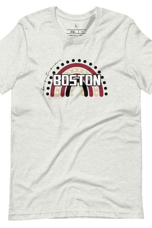 Show off your pride with this Boston College t-shirt. The iconic BC school colors stands out in this modern and trendy rainbow background, representing the school spirit. With the classic Boston wordmark across the rainbow on an ash colored shirt. 