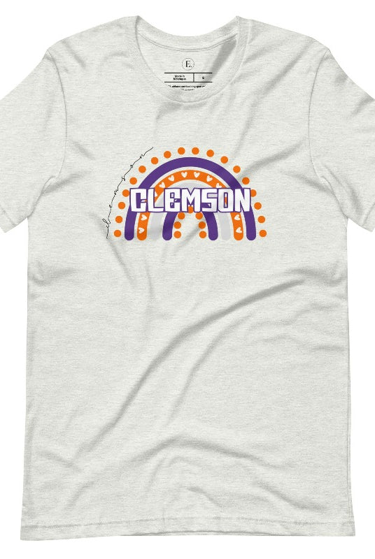 Celebrate your love for Clemson University with our colorful college t-shirt that showcases the beautiful Clemson colors that creates a stunning rainbow backdrop, with the schools name atop a ash shirt. 