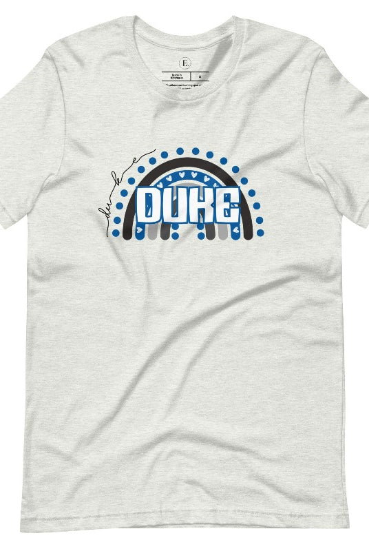 Celebrate diversity and show your support for Duke University with our eye-catching college t-shirt. Our shirt features the Duke colors on a captivating rainbow design, embodying the spirit of inclusion and unity with the iconic Duke wordmark atop the rainbow on an ash colored shirt. 