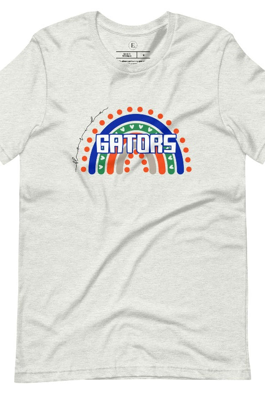 Show off your UF spirit in style with this boho-inspired t-shirt from the University of Florida. The UF colors stands out on this vibrant rainbow background, displaying the school's mascot name in a trendy and unique way on an ash shirt. 