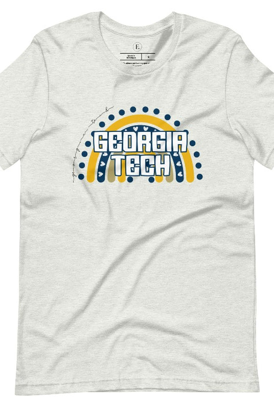 Elevate your Georgia Tech pride with this boho-inspired university t-shirt. The Georgia Tech colors shine through on a vibrant rainbow background, showcasing the school's name in a trendy and unique way on an ash colored shirt. 
