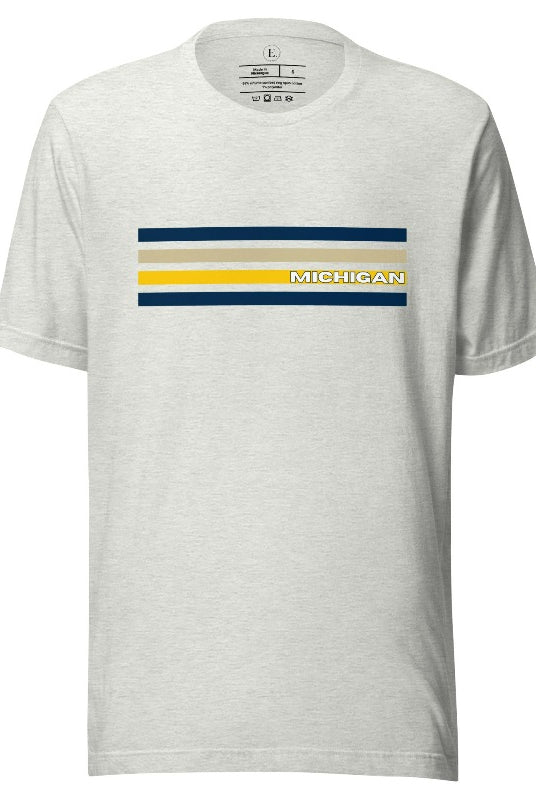 Revive retro collegiate fashion with our Michigan graphic tee. Bosting classic school colors and minimalist design, this men's shirt features distinctive chest stripes with "Michigan" in bold block lettering on an ash colored shirt. 