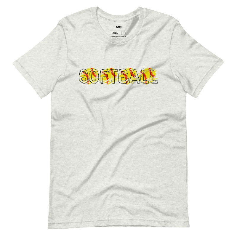Softball with bubble letters on a ash graphic tee