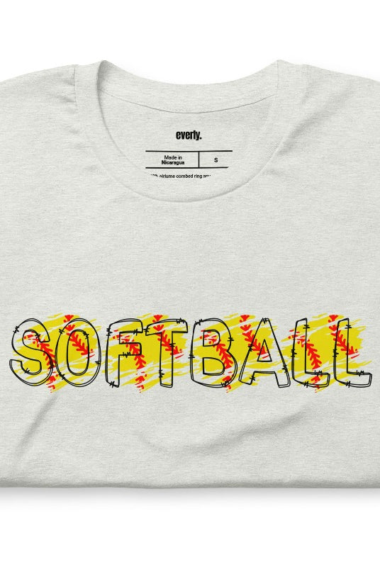 Softball with bubble letters on a ash graphic tee