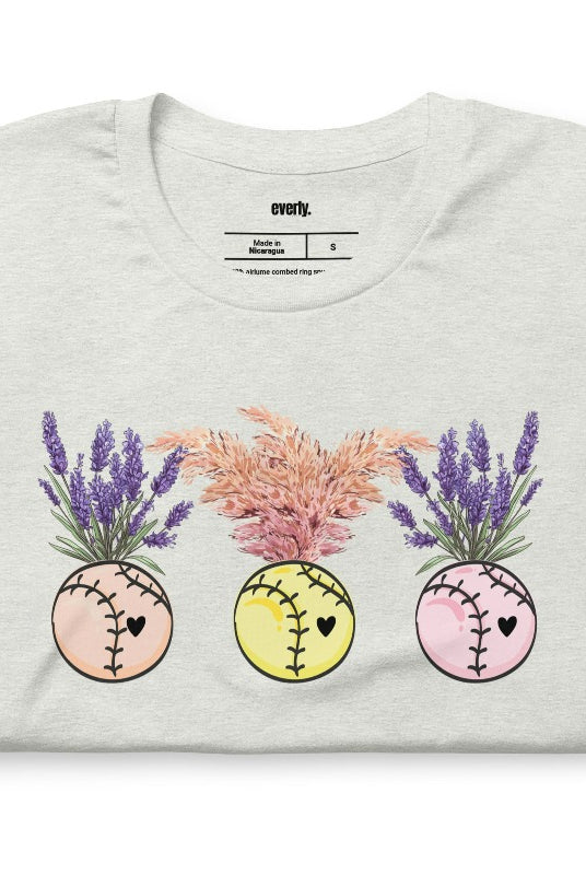 Softball flower vases holding flowers on a ash graphic tee.