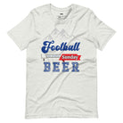 "Football," "The Perfect Sunday," and "Beer" in blue, red, and glittery blue lettering. The design includes a mountain backdrop and a goalpost, capturing the spirit of a perfect football Sunday on a ash grey shirt.