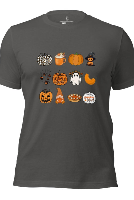 Celebrate Halloween with our captivating pumpkin-themed shirt! This design is perfect for pumpkin enthusiasts and casual wear. Let the pumpkins take center stage on an asphalt colored shirt. 