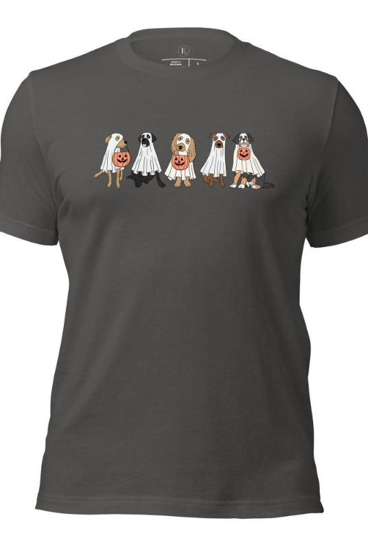 5 dogs dressed as ghost getting ready to trick or treat on a asphalt colored t-shirt.