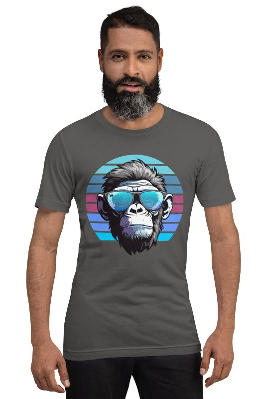 Hyper-realistic gorilla wearing sunglasses with a retro blue horizon behind on a asphalt colored shirt.