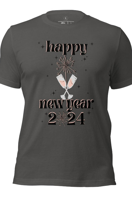 Welcome 2024 in sparkling style with our 'Happy New Year 2024' shirt. Adorned with two clinking champagne glasses amidst fireworks on an asphalt colored shirt. 