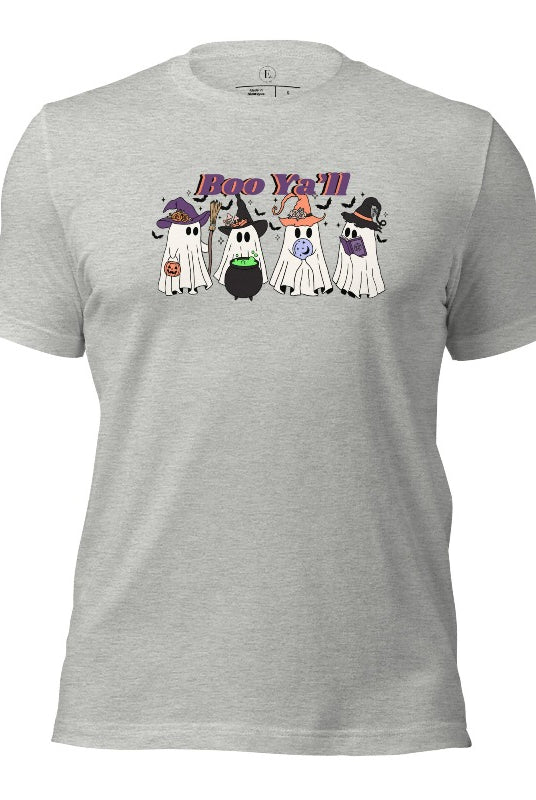 Embrace the spirit of Halloween with our spooktacular shirt. Join a mischievous gang of ghostly trick-or-treaters as they spread frightening fun. Featuring a playful 'Boo Ya'll' message, on an athletic heather grey shirt. 