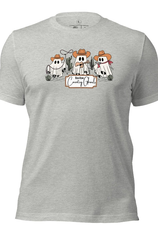 Boo-haw! Get ready for a hauntingly good time with our country ghost shirt. Featuring a spirited spectator donning cowboy hat, this shirt combines Halloween with country charm. The clever play on words, ' Country Ghouls,' adds a fun twist on an athletic heather grey shirt. 