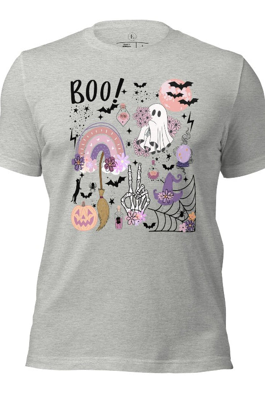 Experience the essence of Halloween with our bewitching shirt. Immerse yourself in a tapestry of Halloween symbols, from pumpkins to bats and witches, and all centered around the timeless exclamation, 'Boo!' This captivating design embodies the spirit of the season, on an athletic heather grey shirt. 