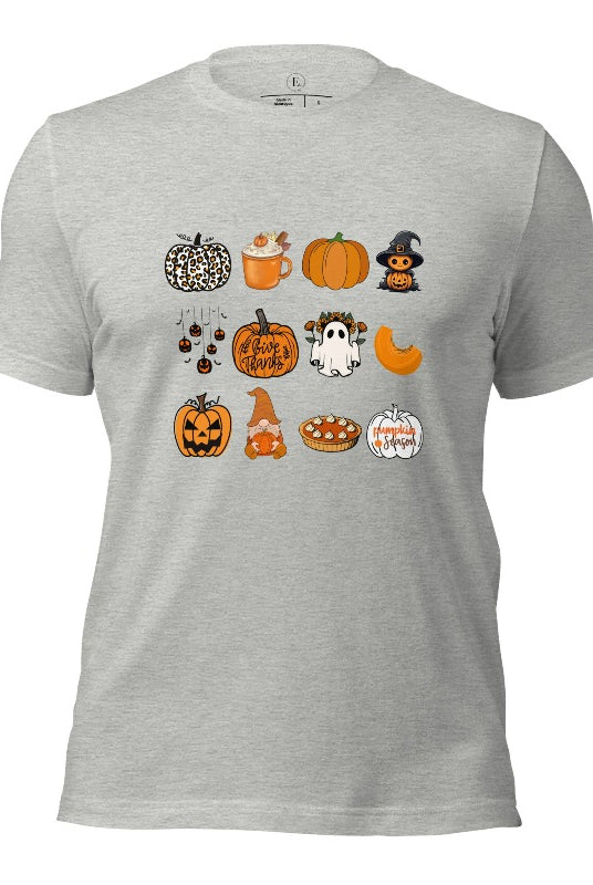 Celebrate Halloween with our captivating pumpkin-themed shirt! This design is perfect for pumpkin enthusiasts and casual wear. Let the pumpkins take center stage on an athletic heather grey colored shirt. 