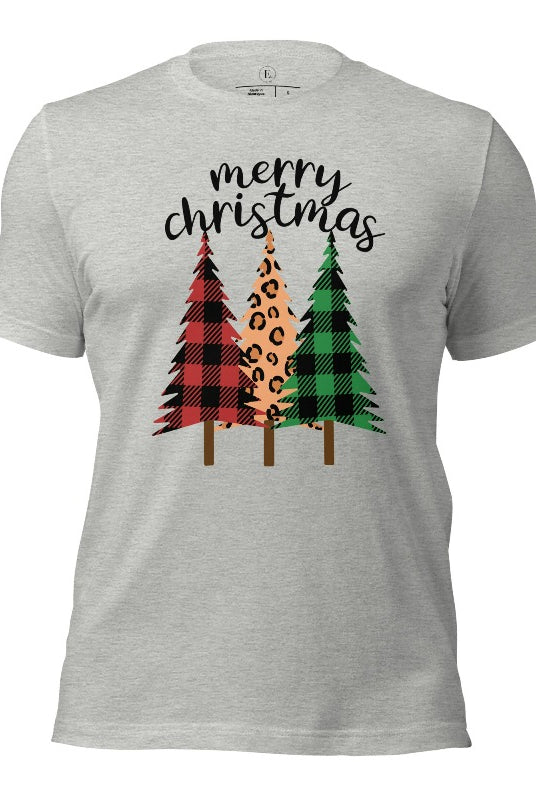 Get ready to unleash your wild side this Christmas with our unique shirt. This design is a bold and playful take on the holiday season, featuring three Christmas trees adorned with fierce cheetah print on an athletic heather grey colored shirt. 