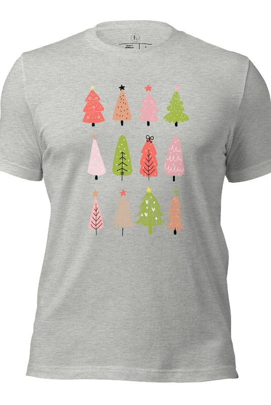 Upgrade your holiday fashion with our contemporary Christmas shirt. The shirt features three rows of multiple different modern Christmas trees in each row, creating a trendy and charming design on an athletic heather grey colored shirt. 