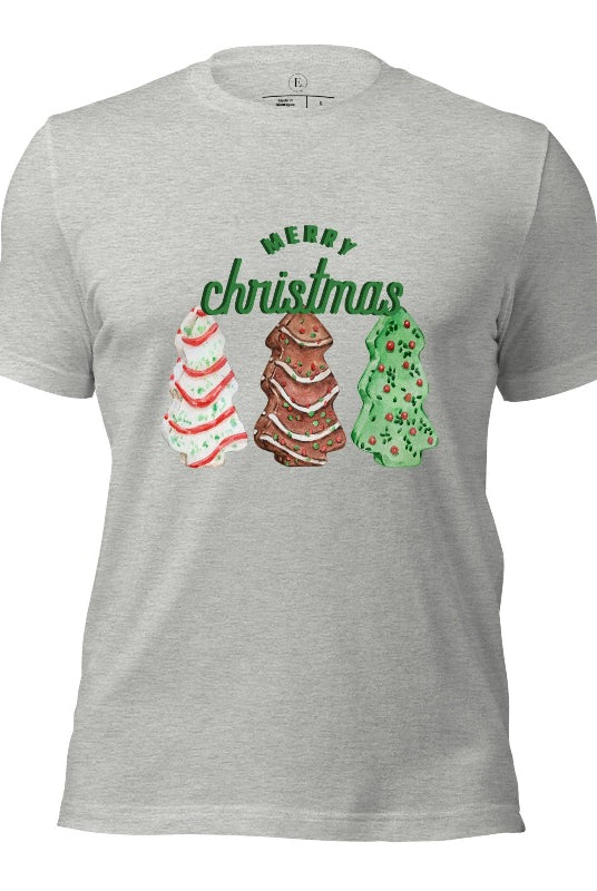 Relive the nostalgia of your childhood with our Christmas shirt that features the beloved classic Christmas tree cookies on a athletic heather grey shirt.