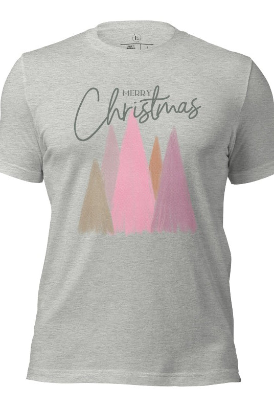 Merry Christmas modern minimalist pastel Christmas trees on printed on a athletic heather grey shirt.