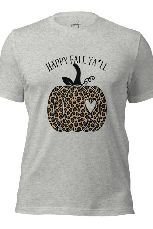 Get ready for fall with our adorable cheetah pumpkin shirt. Featuring a charming design of a cheetah pumpkin with a heart, it's the perfect blend of style and seasonal spirit. Spread the autumn cheer with the saying 'Happy Fall Ya'll' and embrace the coziness of the season on an athletic heather grey shirt. 