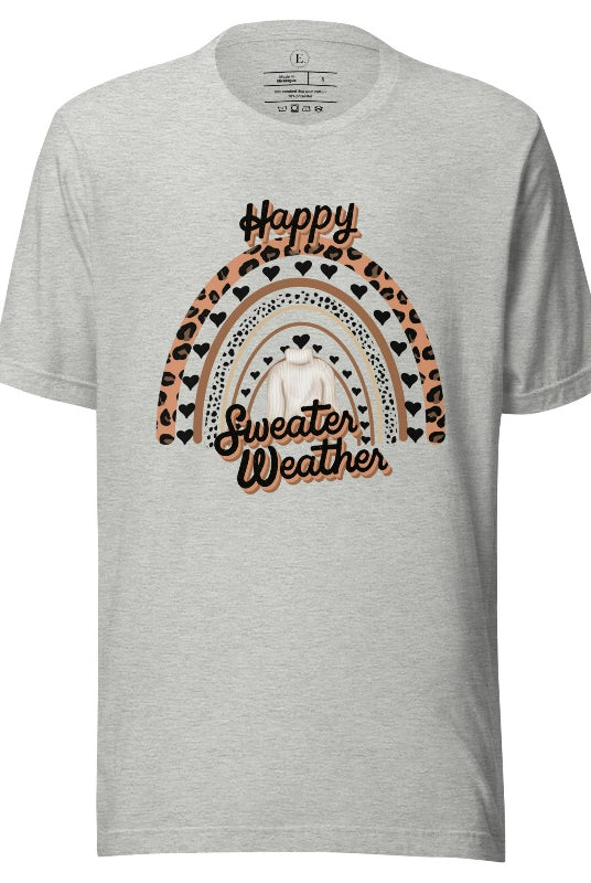 Get ready for fall in style and comfort with our vibrant "Sweater Weather" shirt, featuring a cheetah, a rainbow, and a sweater on an athletic heather grey shirt. 