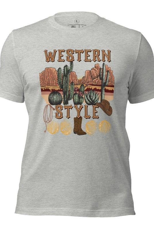 Embrace the rugged charm of the Wild West with our country western shirt featuring the iconic phrase "Western Style" set against a stunning desert background on an athletic heather grey shirt. 