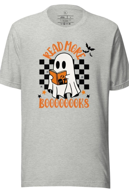 Read More Booooks is a ghost reading a book in front of a checkered background on a athletic heather grey colored shirt.