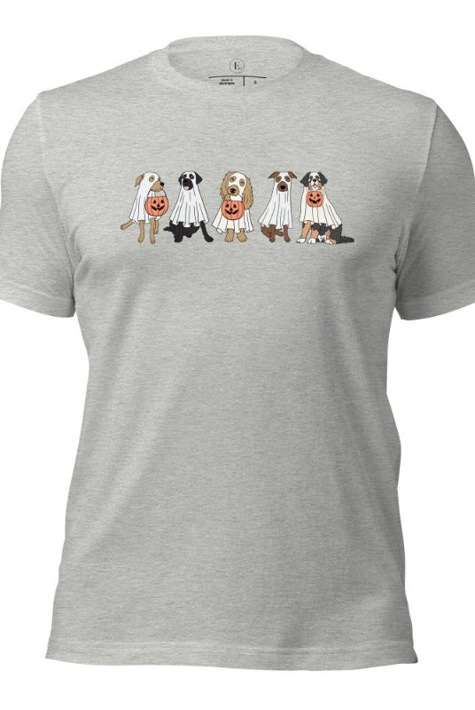5 dogs dressed as ghost getting ready to trick or treat on a athletic heather grey colored t-shirt.